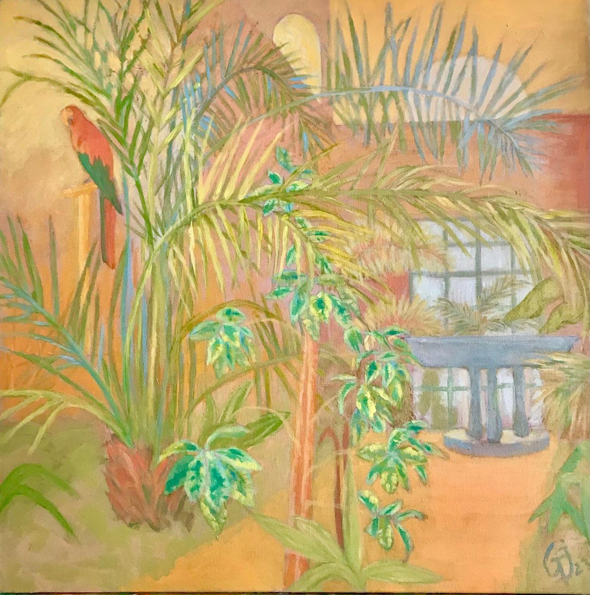 El loro del invernadero, pintura de Teresa G. Justo